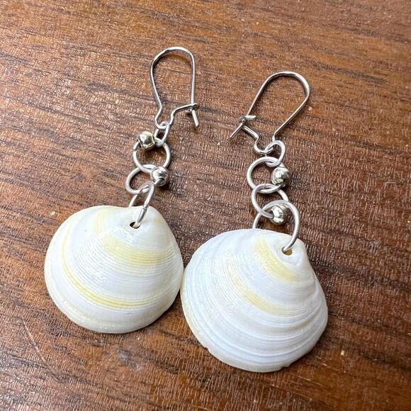 Dangle Earring Genuine Handcrafted Seashell Yellow Orange Hue Beach Coastal - Picture 3 of 8